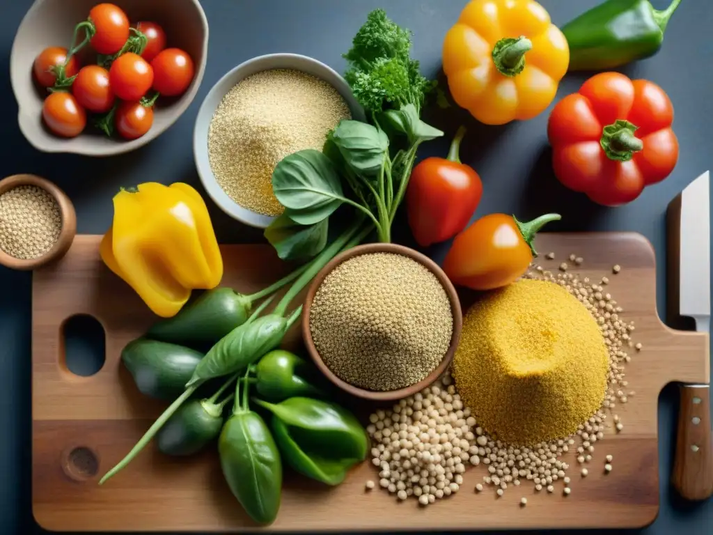 Una exquisita selección de ingredientes sin gluten para fermentación casera, coloridos y frescos sobre una tabla de madera