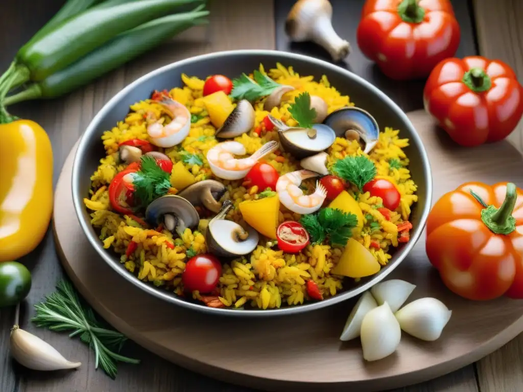 Una exquisita selección de ingredientes para una receta de paella sin gluten fácil, sobre una mesa rústica