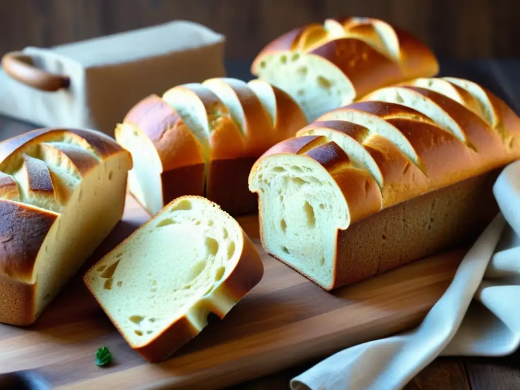 Una exquisita selección de panes sin gluten mejor valorados, detallados en una mesa rústica con etiquetas a mano, iluminados naturalmente