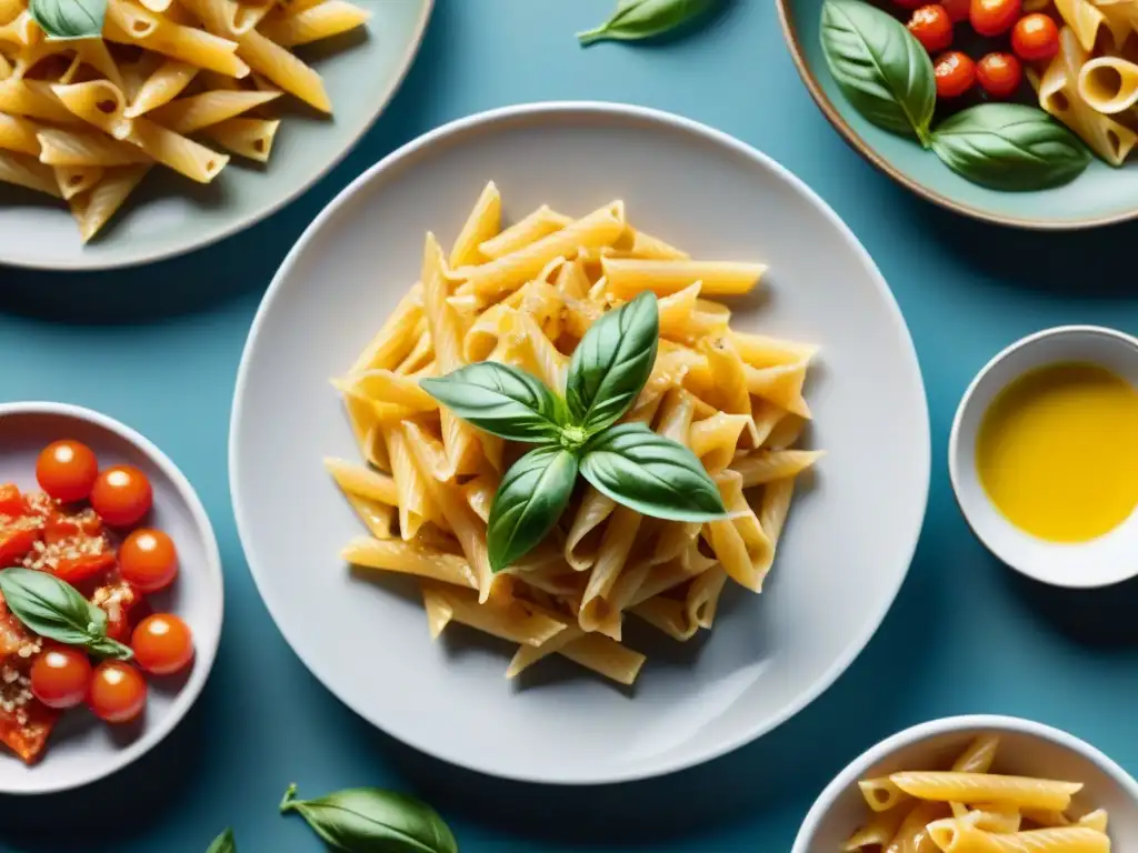 Una exquisita selección de platos de pasta sin gluten, con variedad de formas y colores, decorados con ingredientes frescos y aceite de oliva dorado en platos de cerámica italiana rústica, ideal para amantes de la cocina sin gluten internacional