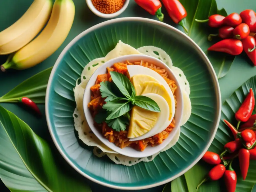 Una exquisita selección de recetas sin gluten fermentadas latinas en platos de cerámica, rodeados de hojas verdes y chiles rojos brillantes