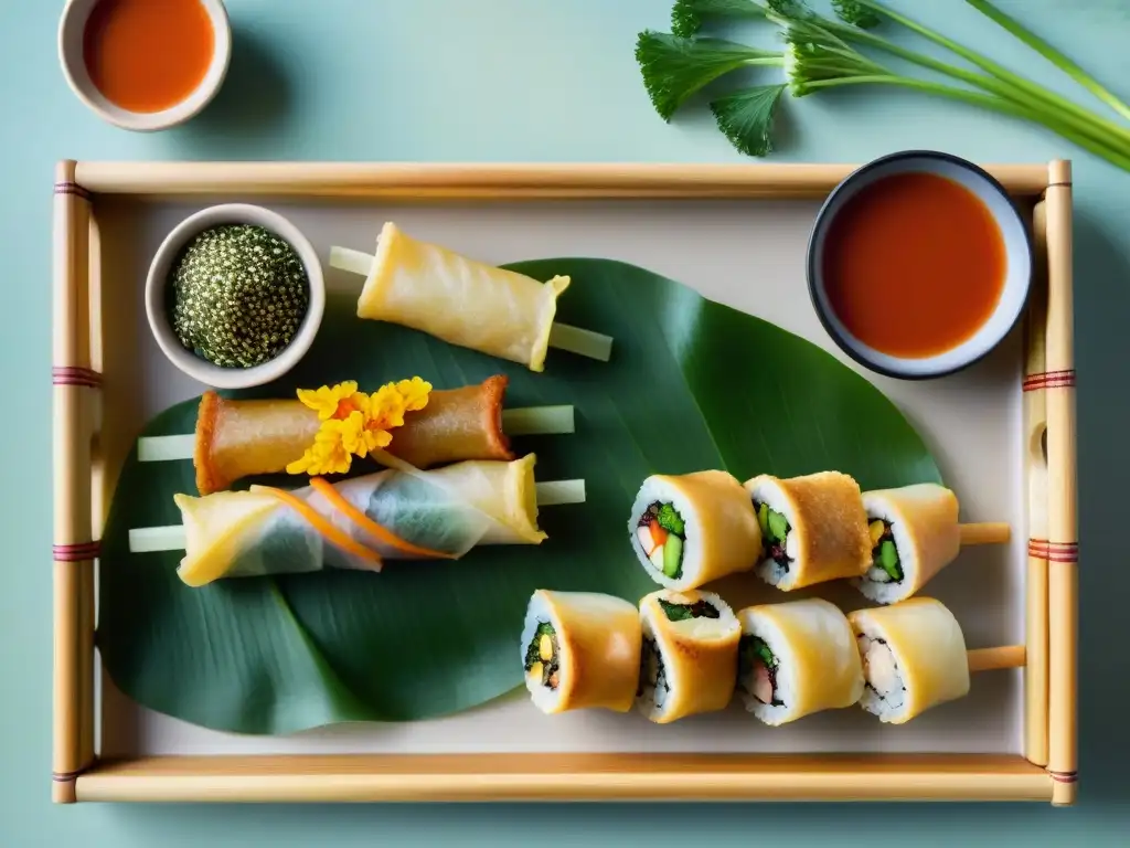 Una exquisita selección de snacks asiáticos sin gluten saludables en bandeja de bambú, con colores vibrantes y presentación artística