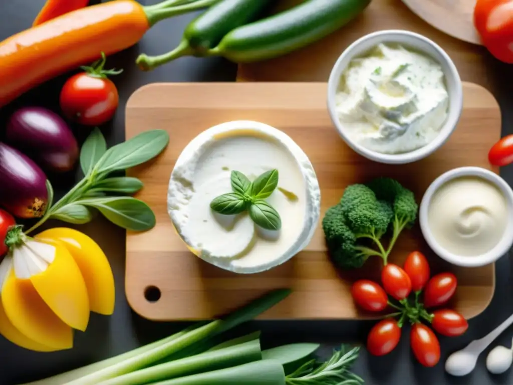 Una exquisita selección de sustitutos de queso crema sin gluten, decorados con hierbas frescas y vegetales, sobre tabla de madera