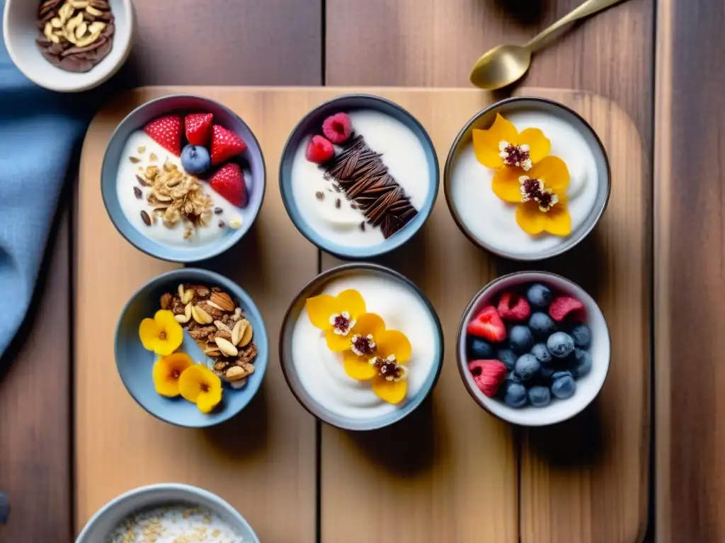 Una exquisita selección de toppings para yogur sin gluten en hermosos recipientes de cristal sobre una mesa de madera rústica