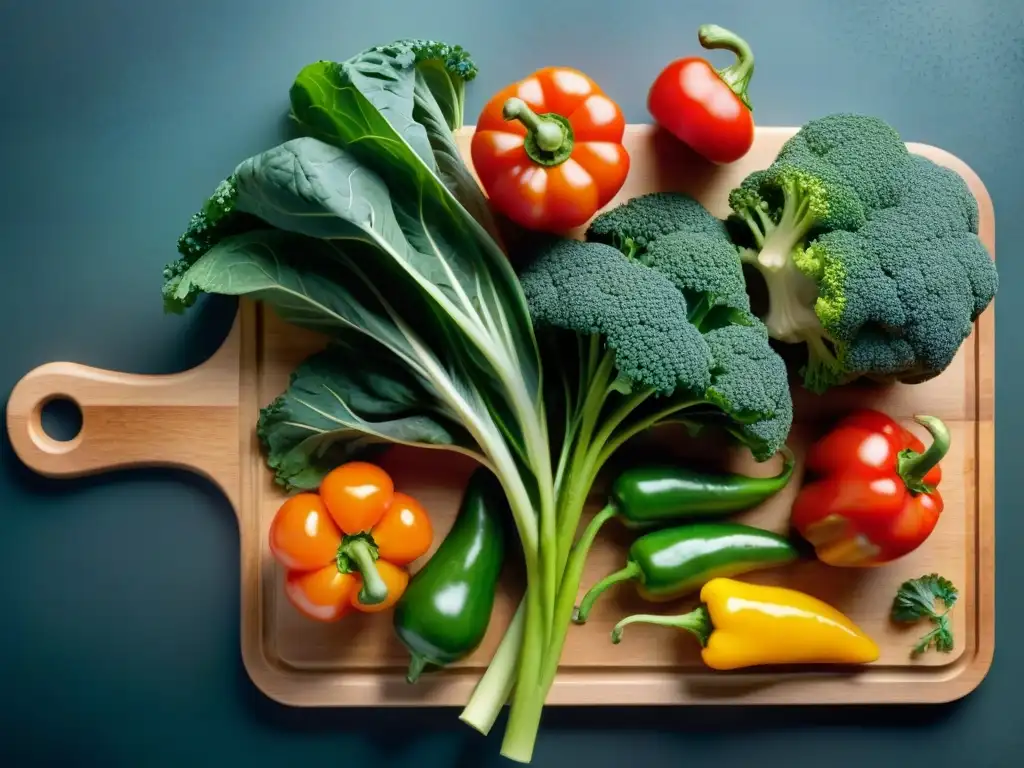 Una exquisita selección de vegetales frescos y coloridos en tabla de cortar de madera, listos para una cocción lenta sin gluten nutrientes