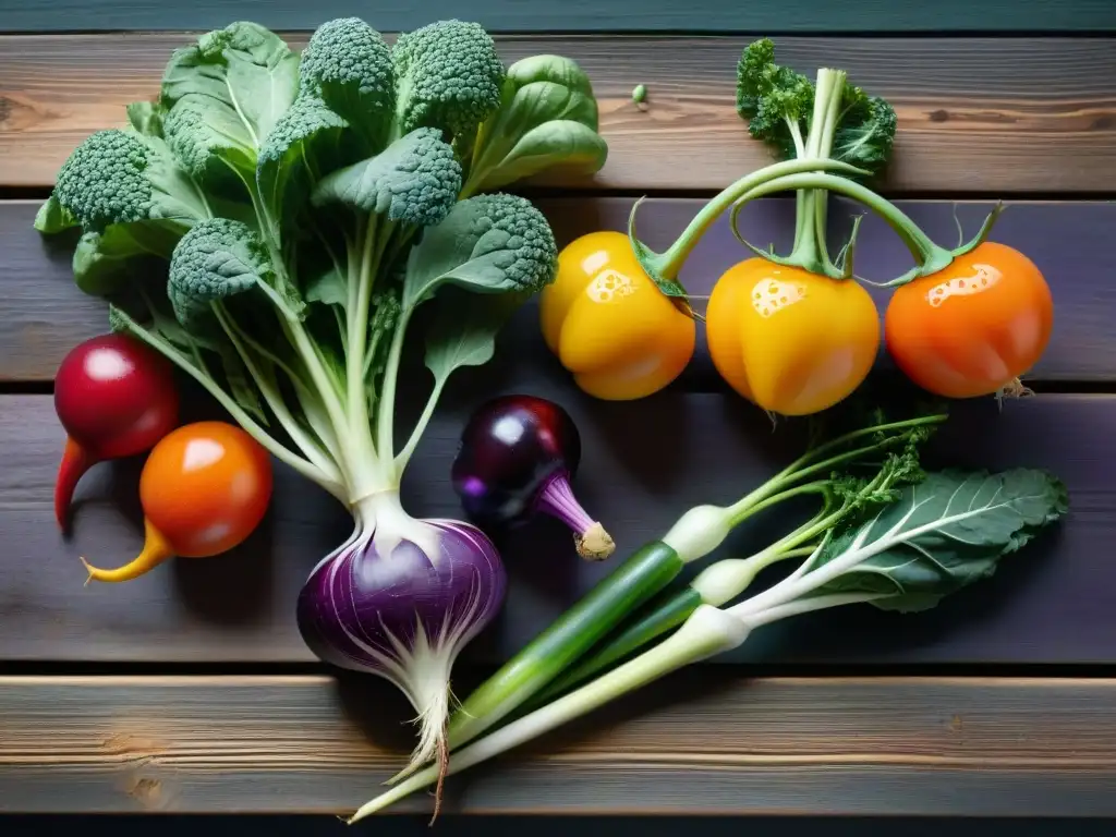 Una exquisita selección de vegetales orgánicos en una mesa rústica, listos para recetas sin gluten con productos frescos del campo