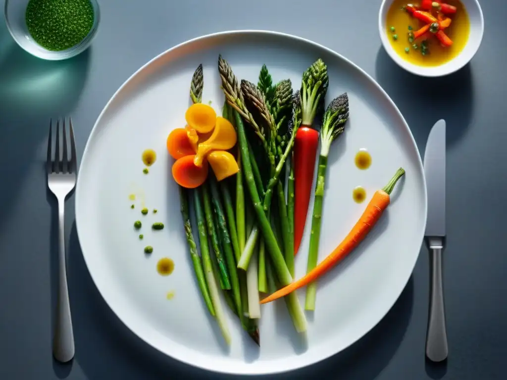 Una exquisita selección de verduras sousvide en un plato blanco, emanando vapor, invita a disfrutar la cocina saludable sin gluten sousvide