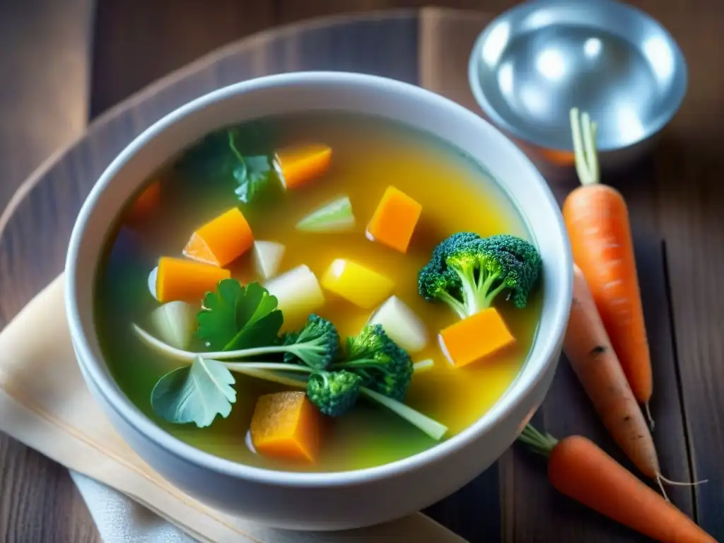 Una exquisita sopa sin gluten con vegetales frescos en caldo transparente, sobre mesa rústica