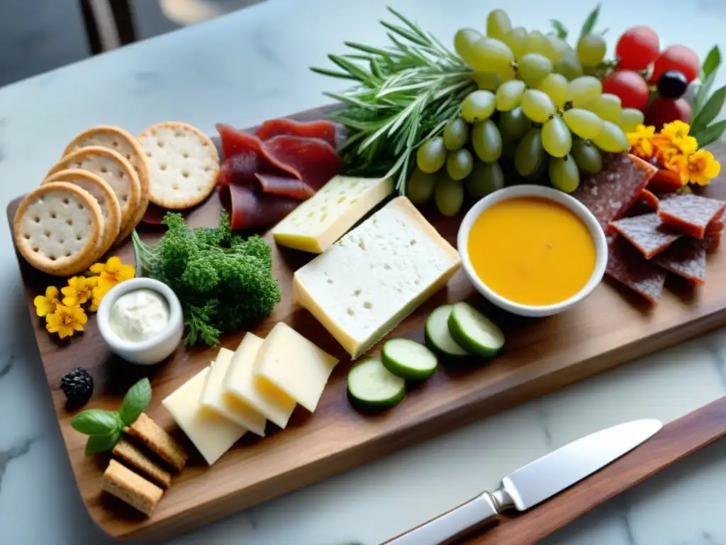 Una exquisita tabla de aperitivos sin gluten fáciles, con una presentación espectacular de quesos, embutidos, frutas y dips coloridos