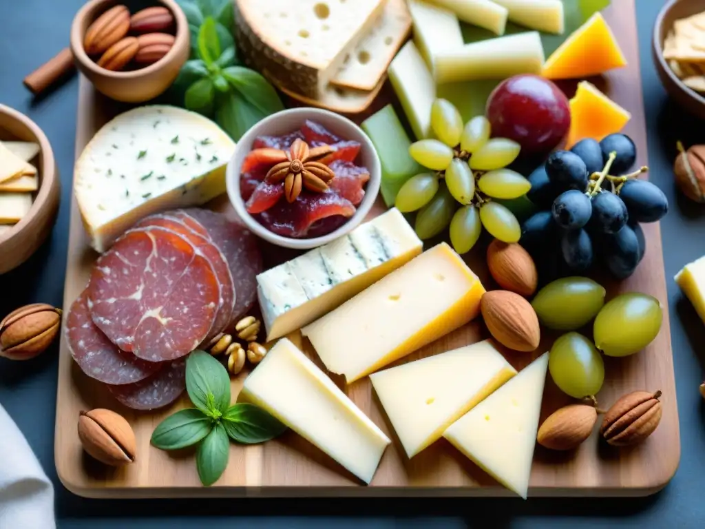 Una exquisita tabla de aperitivos sin gluten fácilmente preparados, con quesos, frutas, nueces y embutidos