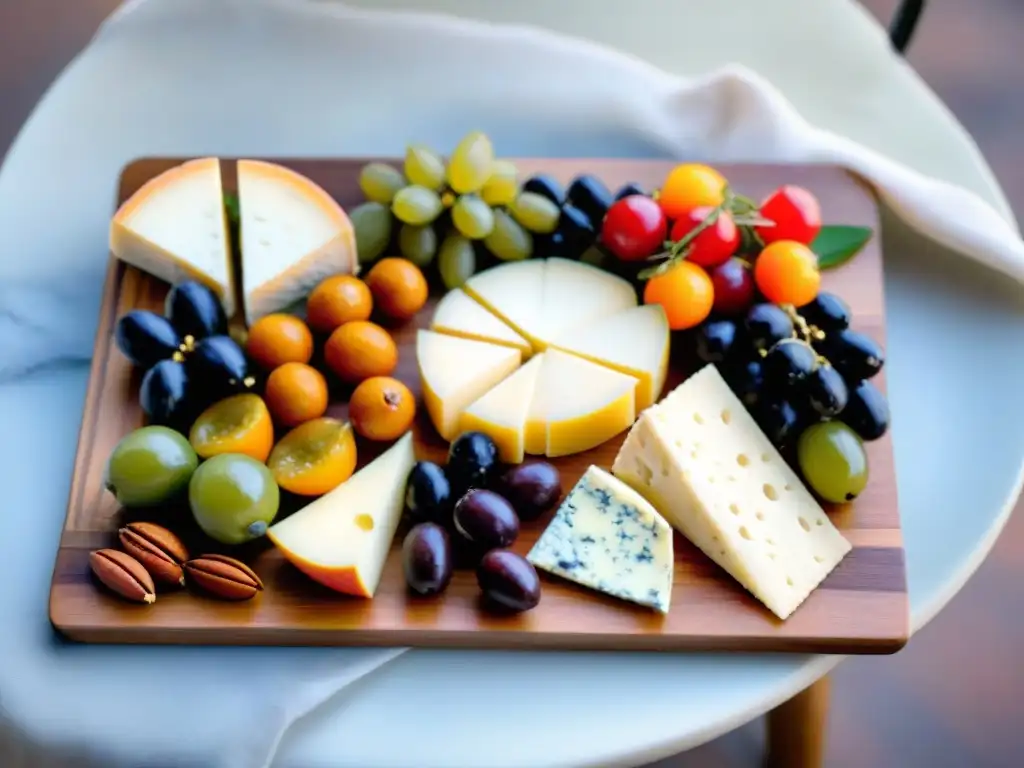 Exquisita tabla de cocina sin gluten internacional con frutas coloridas, quesos artesanales y embutidos variados en un plato de madera rústico