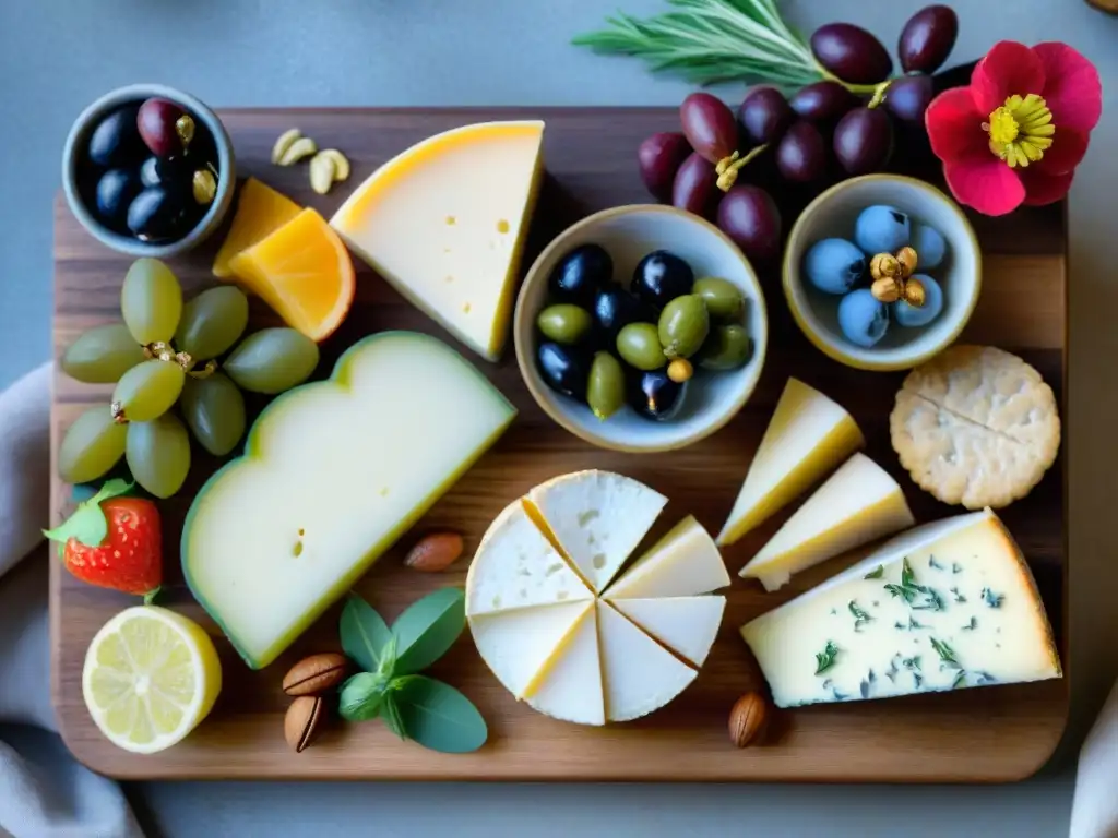 Exquisita tabla de embutidos franceses sin gluten con quesos, frutas frescas y frutos secos, decorada con hierbas y flores comestibles en un elegante entorno de madera rústica