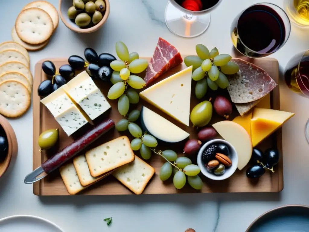 Una exquisita tabla de embutidos sin gluten con variedad de quesos, frutas frescas y vinos