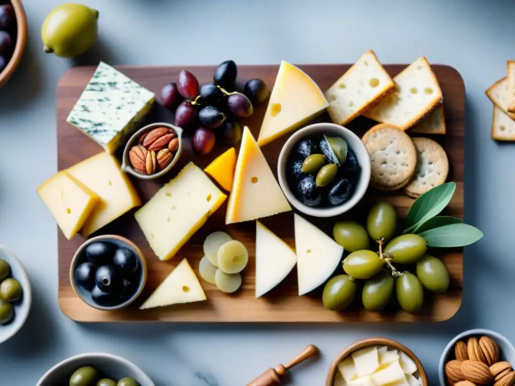 Una exquisita tabla de embutidos sin gluten con quesos, frutas frescas, frutos secos y aceitunas