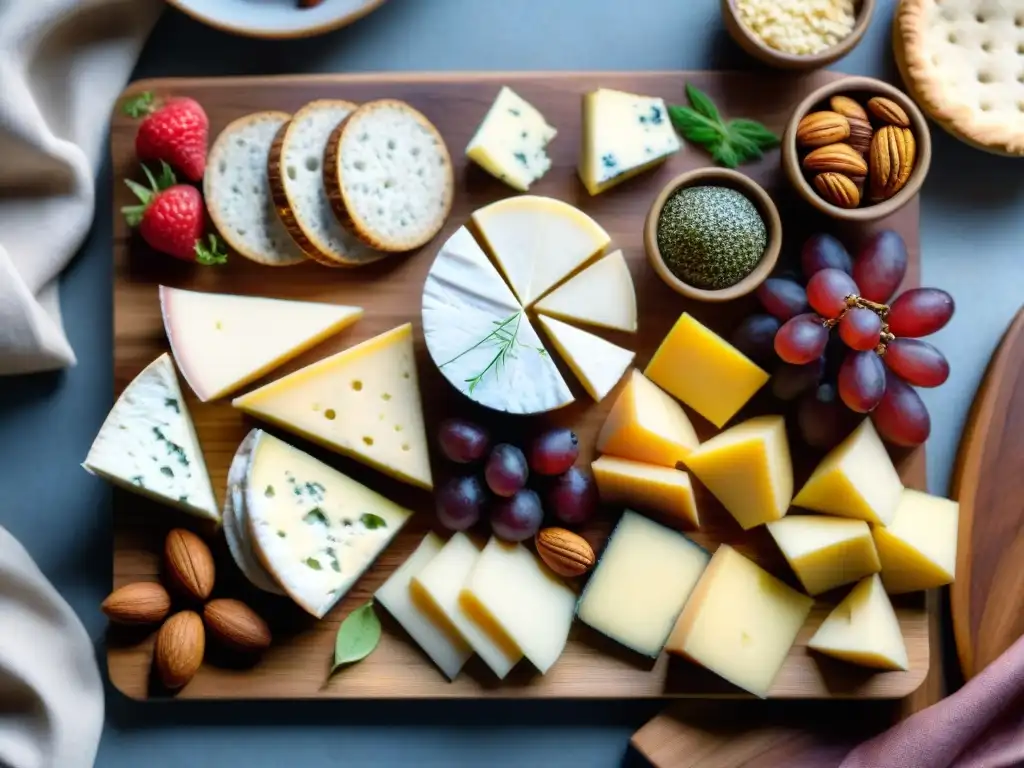 Una exquisita tabla de embutidos sin gluten con quesos gourmet, frutas frescas y frutos secos, sobre tabla de madera