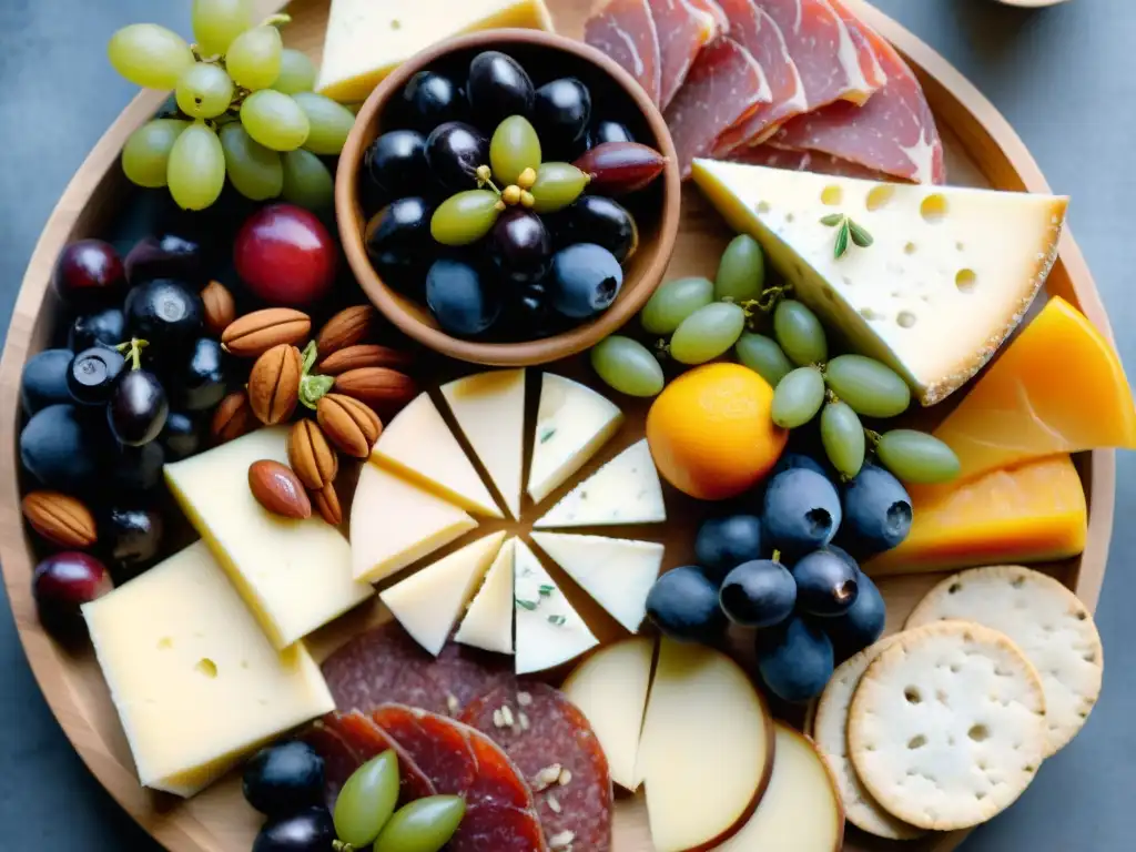 Tablero sin gluten: Delicias artesanales en detalle Exquisita tabla de embutidos sin gluten para Año Nuevo, con quesos, frutas frescas y crackers, una delicia visual