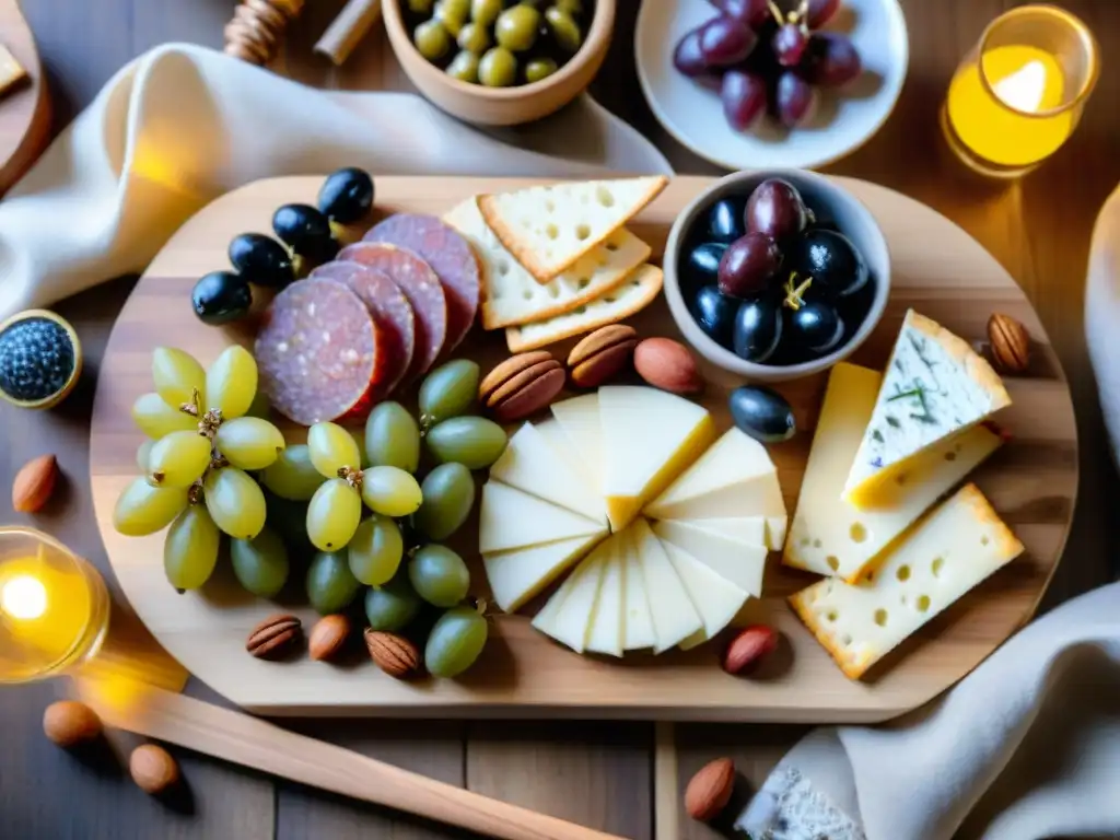 Exquisita tabla de embutidos y quesos sin gluten en fiesta de Nochevieja con champán