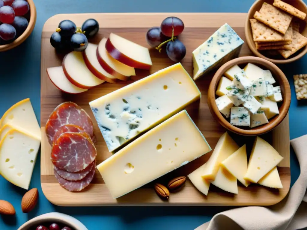 Una exquisita tabla de embutidos y quesos sin gluten, con una combinación vibrante y texturas deliciosas