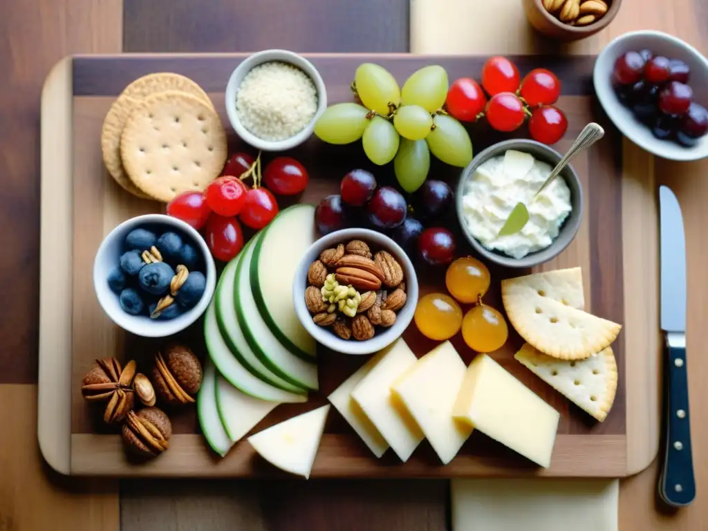 Una exquisita tabla de embutidos con snacks saludables sin gluten, una explosión de sabores y colores frescos