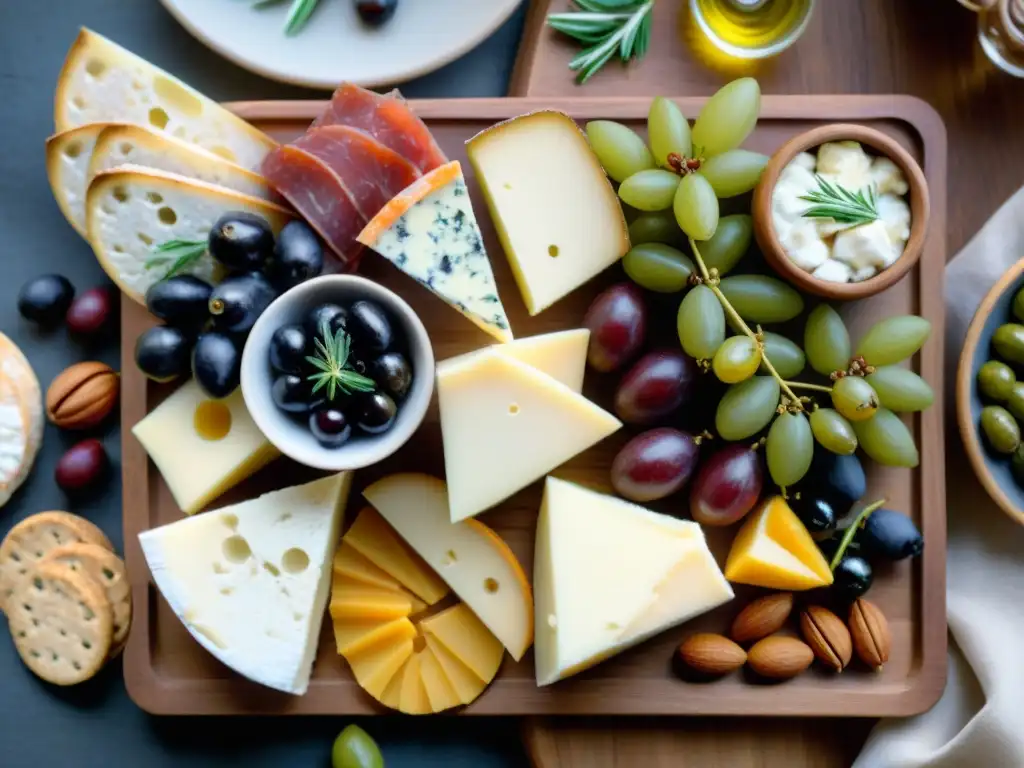 Una exquisita tabla gourmet sin gluten: quesos, embutidos, frutas frescas y crackers, en una elegante presentación