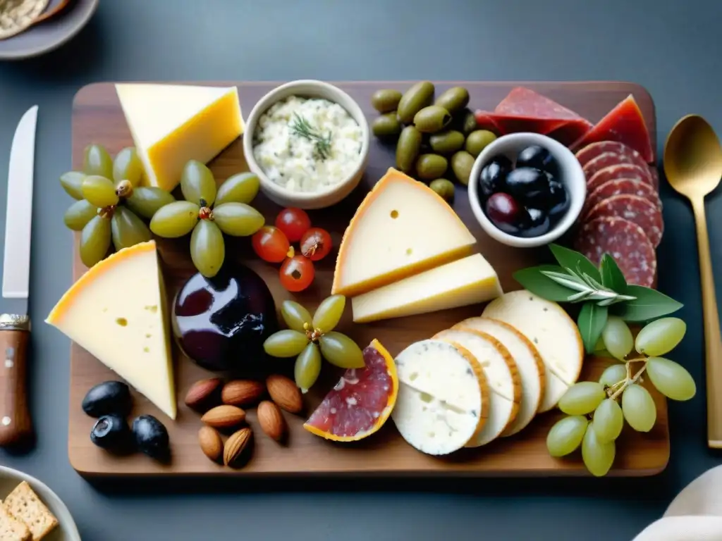 Una exquisita tabla gourmet sin gluten con embutidos, quesos, frutas frescas y crackers en una tabla de madera rústica