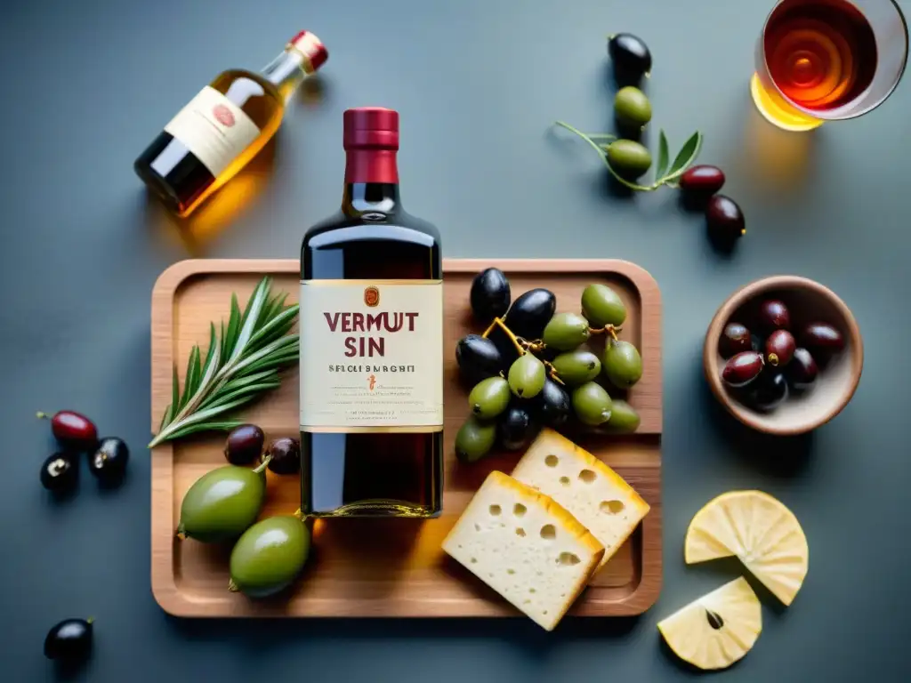 Una exquisita tabla de madera con Vermut sin gluten para aperitivos en botellas elegantes y una selección gourmet