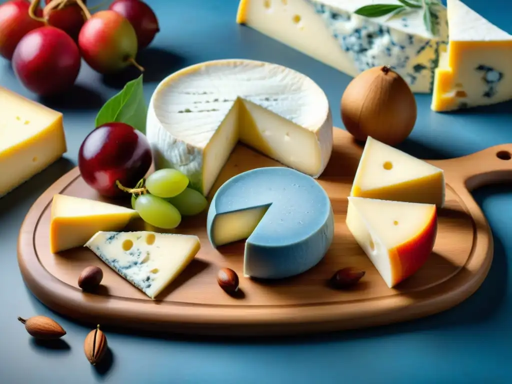 Una exquisita tabla de quesos importados sin gluten: manchego, brie, camembert, gouda y azul, adornados con frutas frescas, nueces y miel