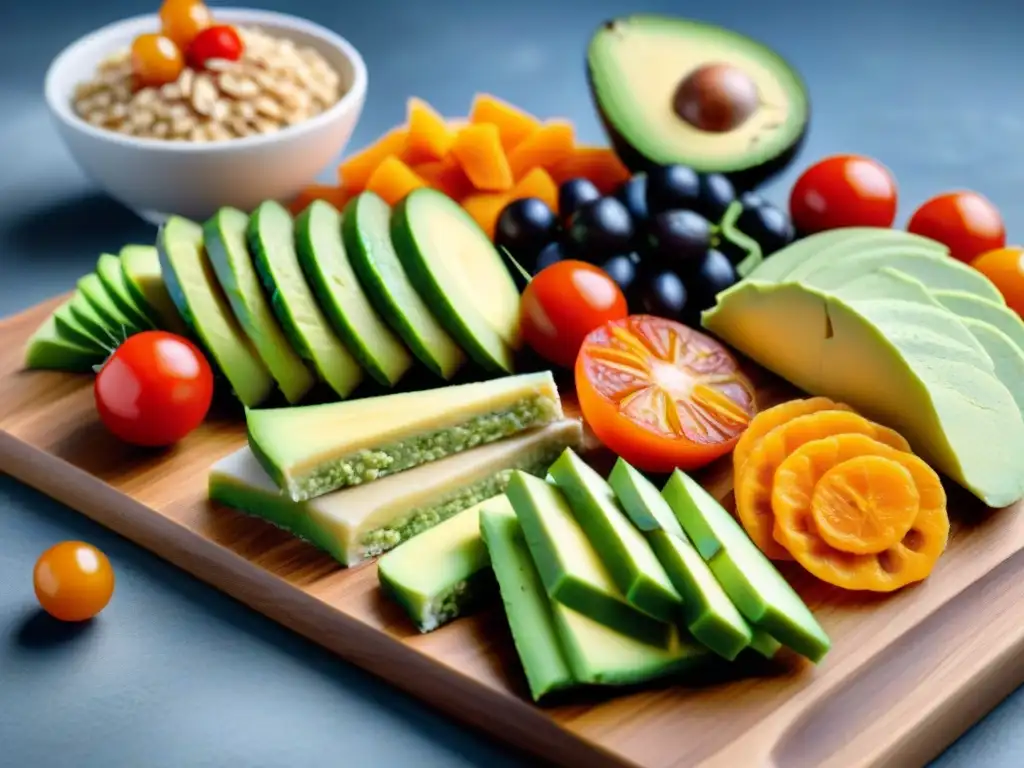 Una exquisita tabla de snacks sin gluten saludables antojo: arroz con aguacate, hummus, granola y frutas frescas variadas