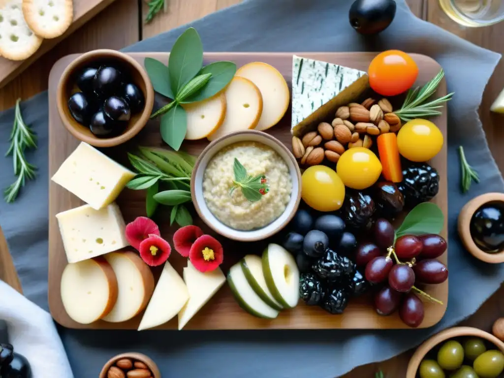 Exquisita tabla de tapas veganas sin gluten innovadoras en un montaje colorido y detallado