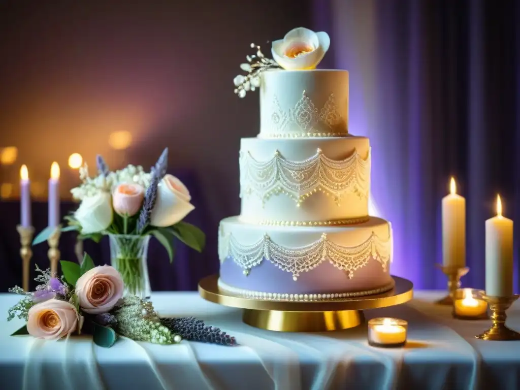 Exquisita tarta de bodas sin gluten con encaje blanco, flores frescas en tonos rosa y lavanda, decorada con hoja de oro comestible