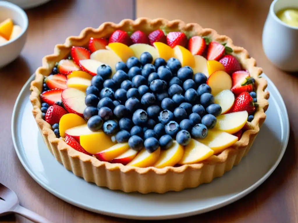 Una exquisita tarta de frutas sin gluten, repleta de coloridas frutas frescas sobre una elegante vajilla de cerámica