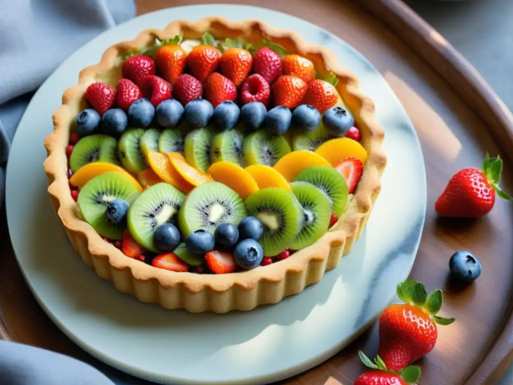 Una exquisita tarta de frutas sin gluten con una presentación vibrante y decadente, repleta de frescura y color