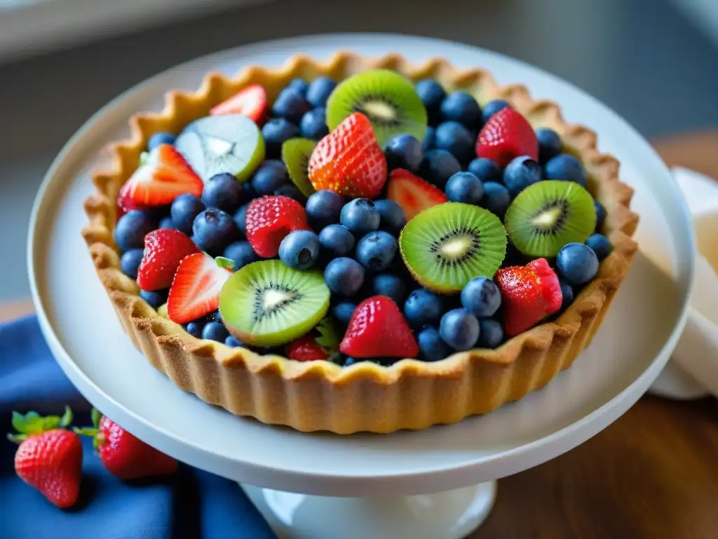 Una exquisita tarta de frutas sin gluten, con fresas, arándanos, kiwis y frambuesas frescas y coloridas dispuestas sobre una base dorada