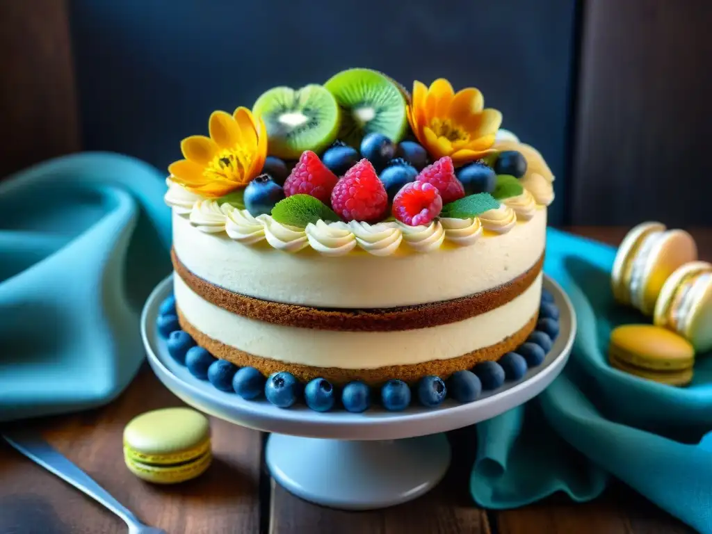 Una exquisita tarta sin gluten decorada con frutas frescas y macarons color pastel, destacando la innovadora repostería sin gluten