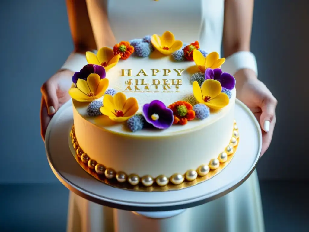 Exquisita tarta sin gluten con decoración innovadora y detallada de flores comestibles y hojas de oro, sobre plato de mármol moderno