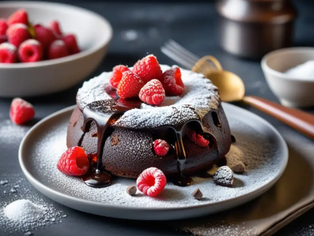 Una exquisita tarta de lava de chocolate sin gluten con frambuesas frescas y azúcar glas