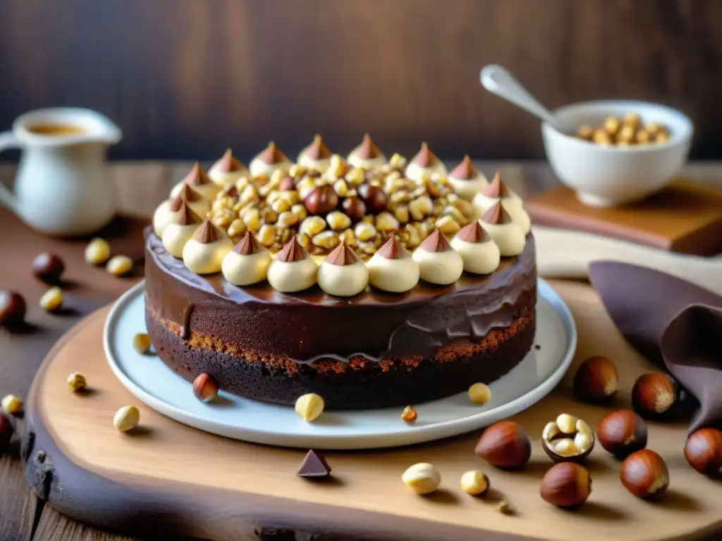 Una exquisita torta de chocolate sin gluten con avellanas, bañada en ganache brillante, rodeada de avellanas enteras en una mesa rústica