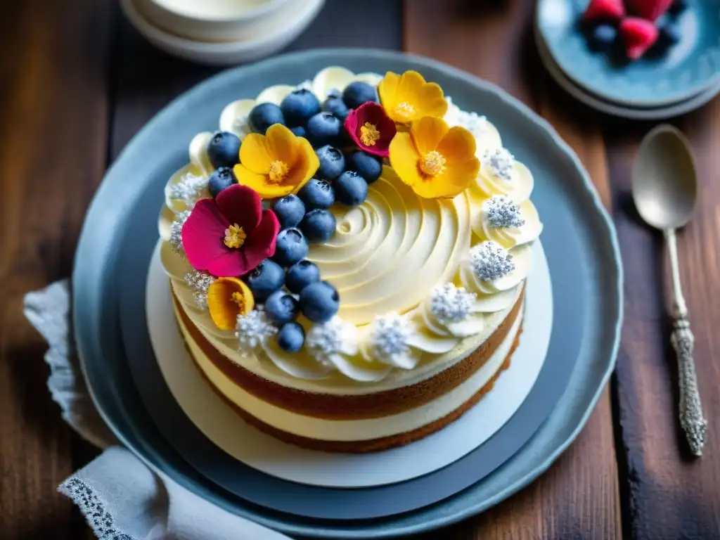 Una exquisita torta sin gluten decorada con flores comestibles y bayas frescas, sobre una mesa rústica