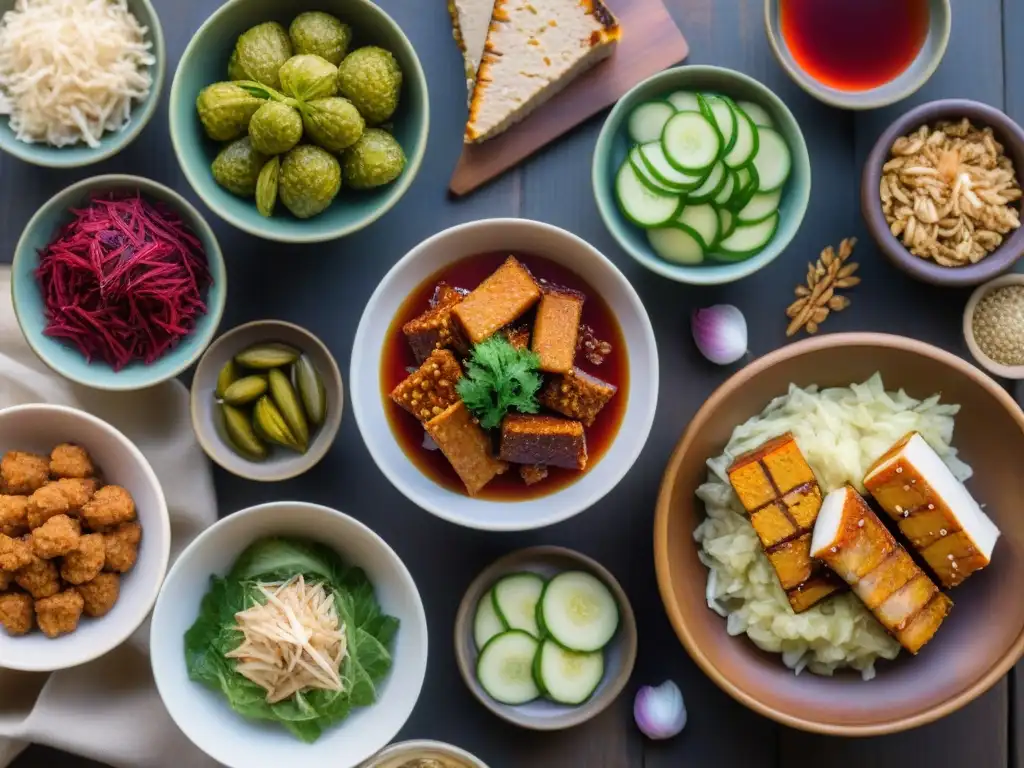 Una exquisita variedad de alimentos fermentados sin gluten beneficios dispuestos sobre una mesa rústica de madera