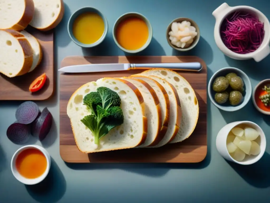 Una exquisita variedad de alimentos fermentados sin gluten, con pan de masa madre, kimchi, kombucha y encurtidos, en una elegante cocina moderna