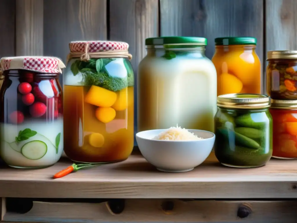 Una exquisita variedad de alimentos fermentados coloridos en una mesa de madera, iluminados por luz natural