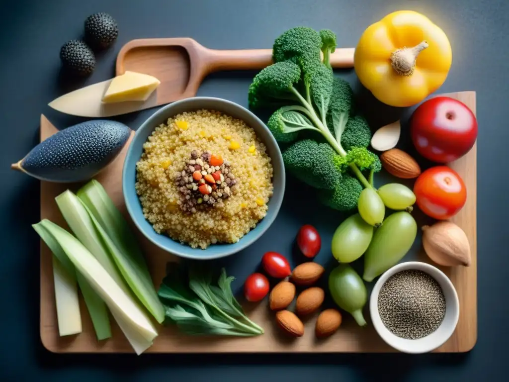 Una exquisita variedad de alimentos sin gluten ricos en fibra sobre tabla de madera