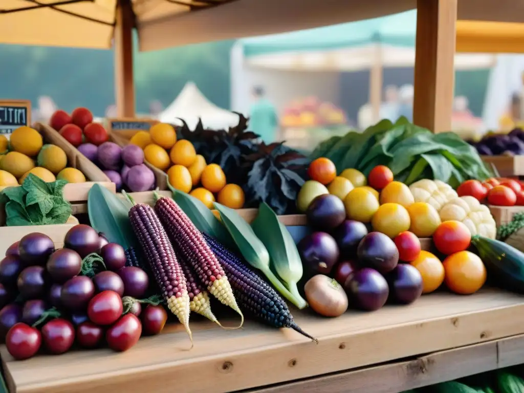 Una exquisita variedad de alimentos sin gluten en un mercado, incluyendo maíz morado, tomates y hongos, bajo la luz dorada del sol