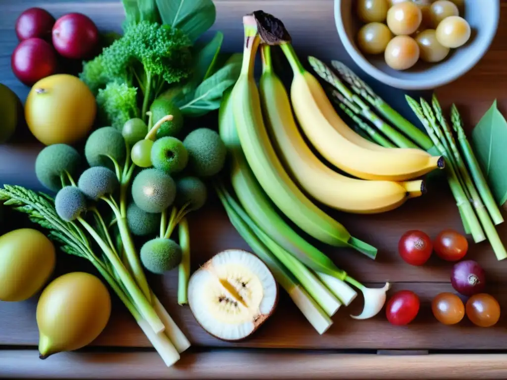 Una exquisita variedad de alimentos prebióticos sin gluten en una mesa rústica con frutas coloridas y verduras frescas, iluminadas naturalmente