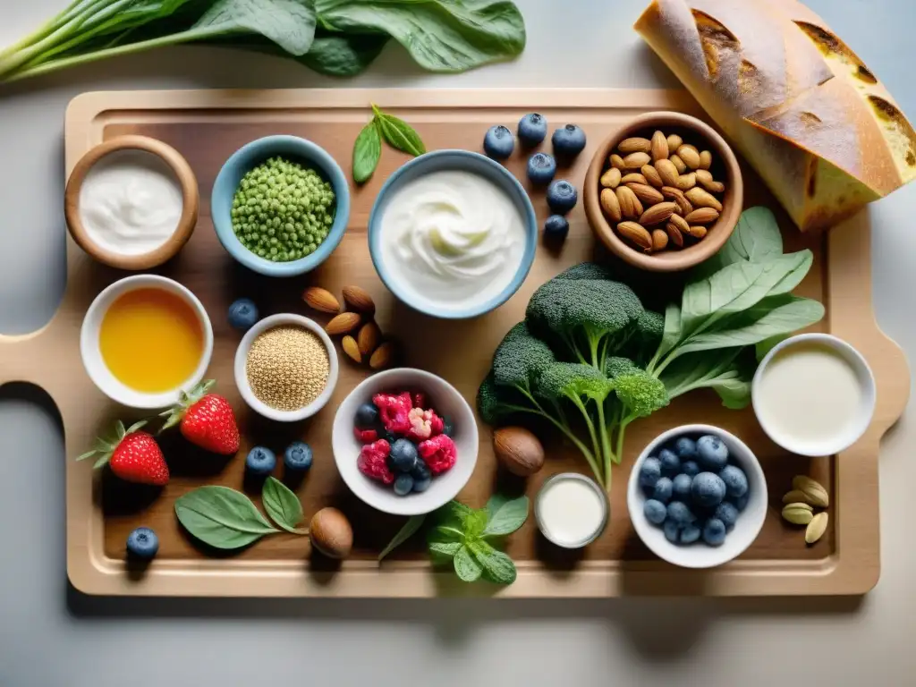 Una exquisita variedad de alimentos prebióticos y probióticos sin gluten, frescos y coloridos, dispuestos con detalle en una tabla de cortar de madera