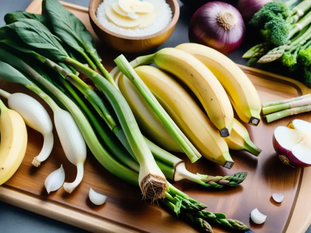 Una exquisita variedad de alimentos prebióticos sin gluten en una tabla de cortar de madera, frescos y tentadores