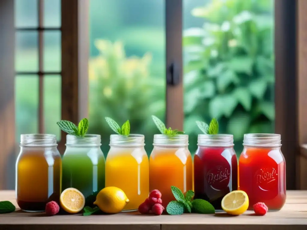 Una exquisita variedad de bebidas probióticas caseras sin gluten en frascos de vidrio coloridos sobre una mesa rústica