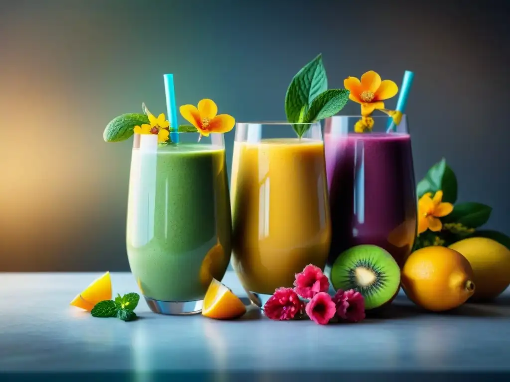 Una exquisita variedad de bebidas veganas sin gluten saludables, coloridas y refrescantes, adornadas con frutas frescas y semillas