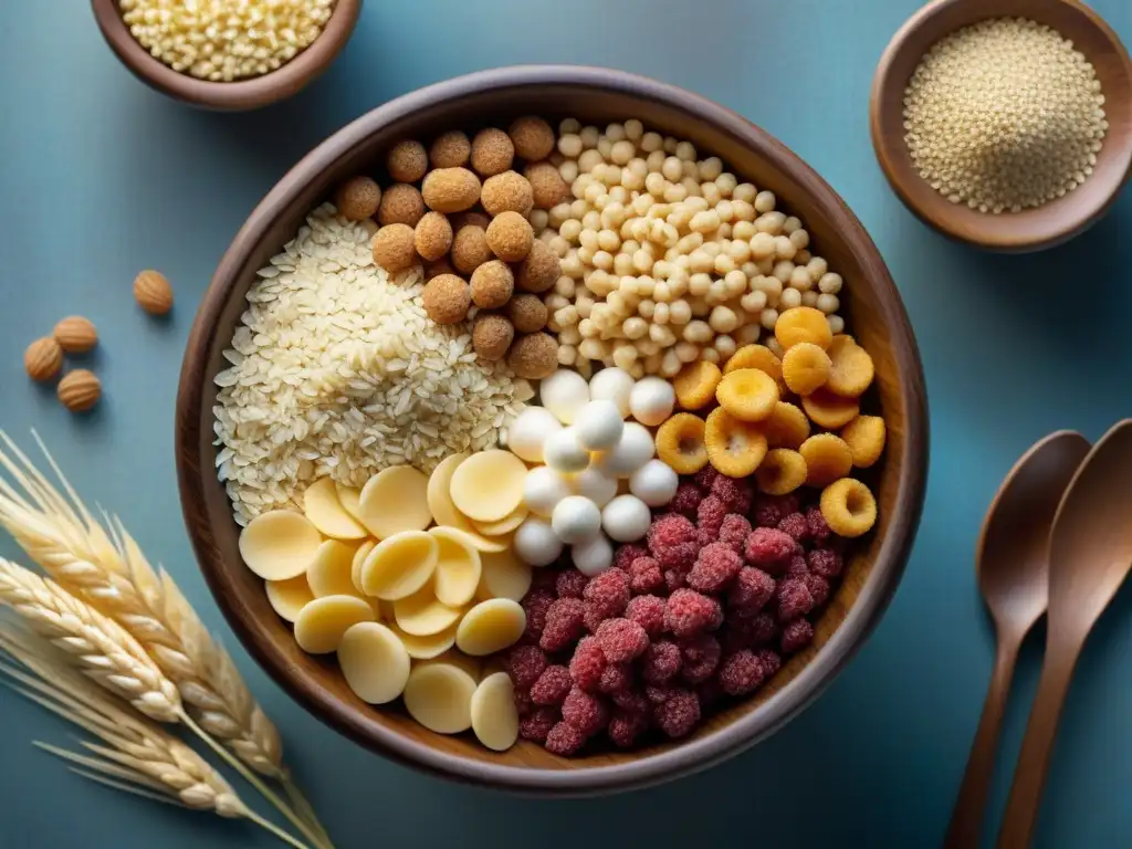 Una exquisita variedad de cereales sin gluten en texturas y colores diversos, presentados en un cuenco de madera rústico bajo una luz suave y natural