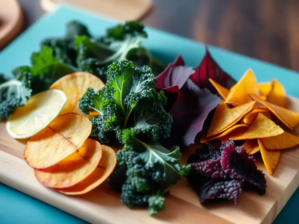 Una exquisita variedad de Chips de verduras sin gluten en una tabla de madera, resaltando colores y texturas vibrantes